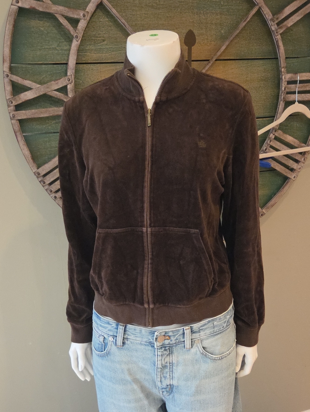 Lauren Ralph Lauren Vintage Choclate Brown Velour Zip-Up Track Jacket
